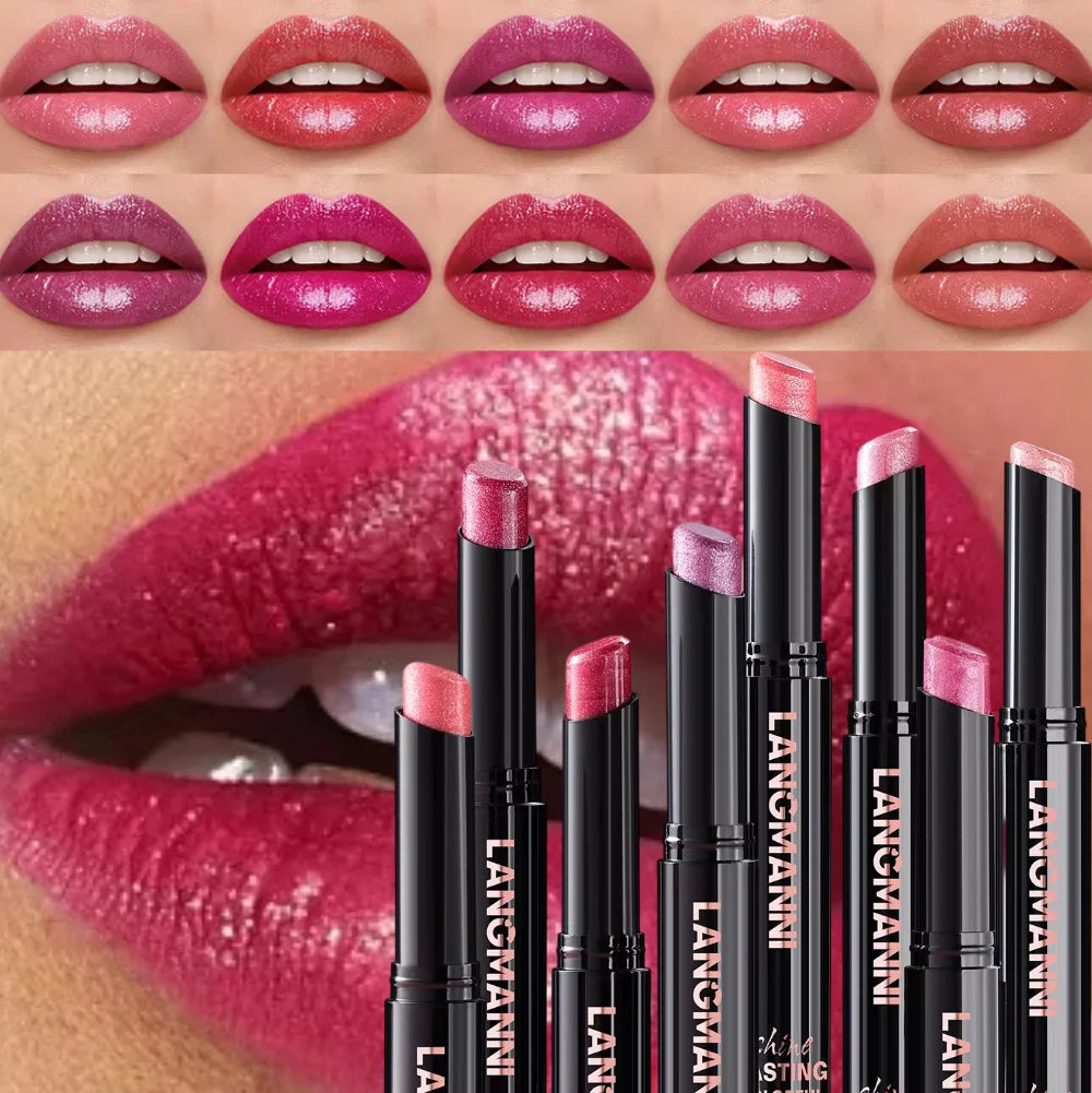 LANGMANNI 10 Colors Slant Mouth Pearlescent Swivel Slant Mouth Design Lipstick Single Pack Lipstick Lasting Color Lip Gloss