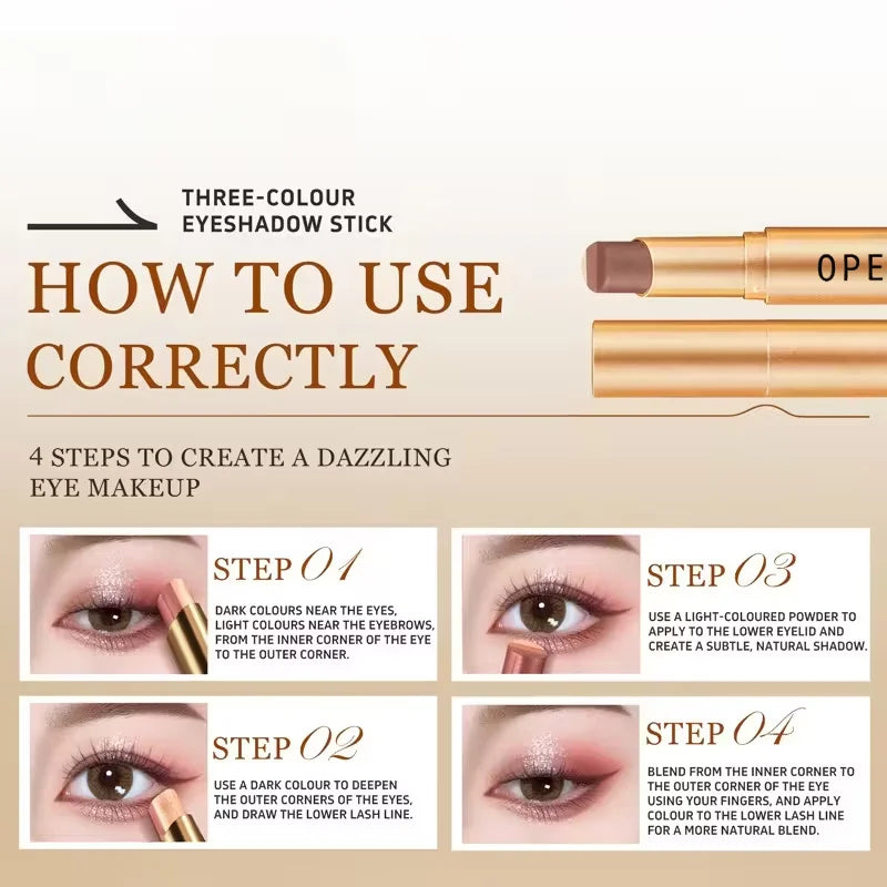 OPE Tri-Color Eyeshadow Stick — Gradient Shimmer, Waterproof Pearlescent Eyeshadow — Long-Lasting Eye Makeup