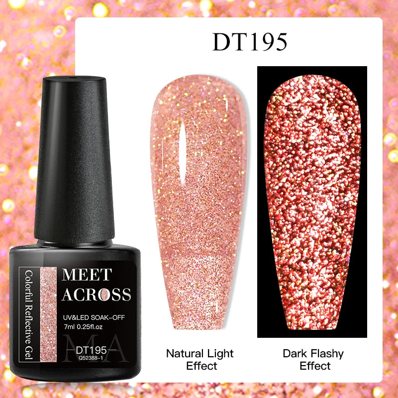 MEET ACROSS 7ml Reflective Glitter Gel Nail Polish Pink Green Purple Sparkling Soak Off UV Gel Polish for Manicure DIY Nail Art