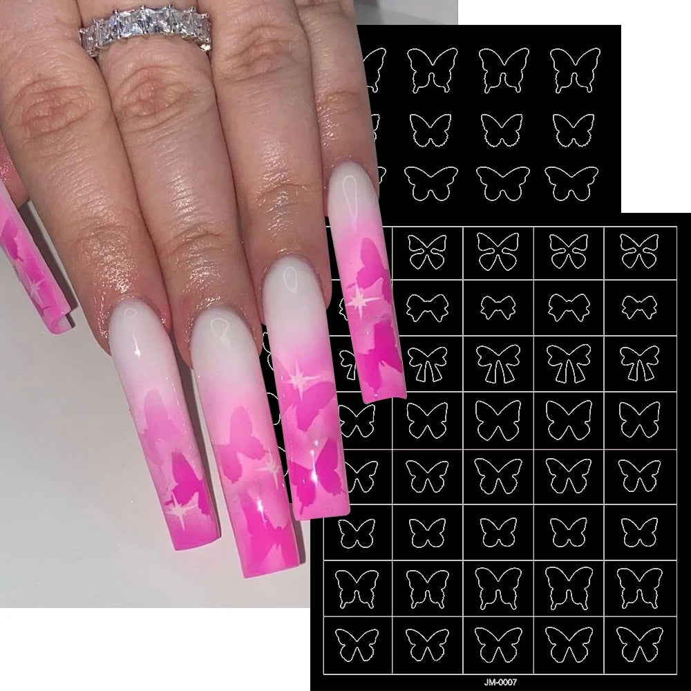 24 Patterns Airbrush Stencils Nail Art Stickers Hollow Butterfly/Flower/Bow/French Line Printing Templates Nail Decal DIY Tools