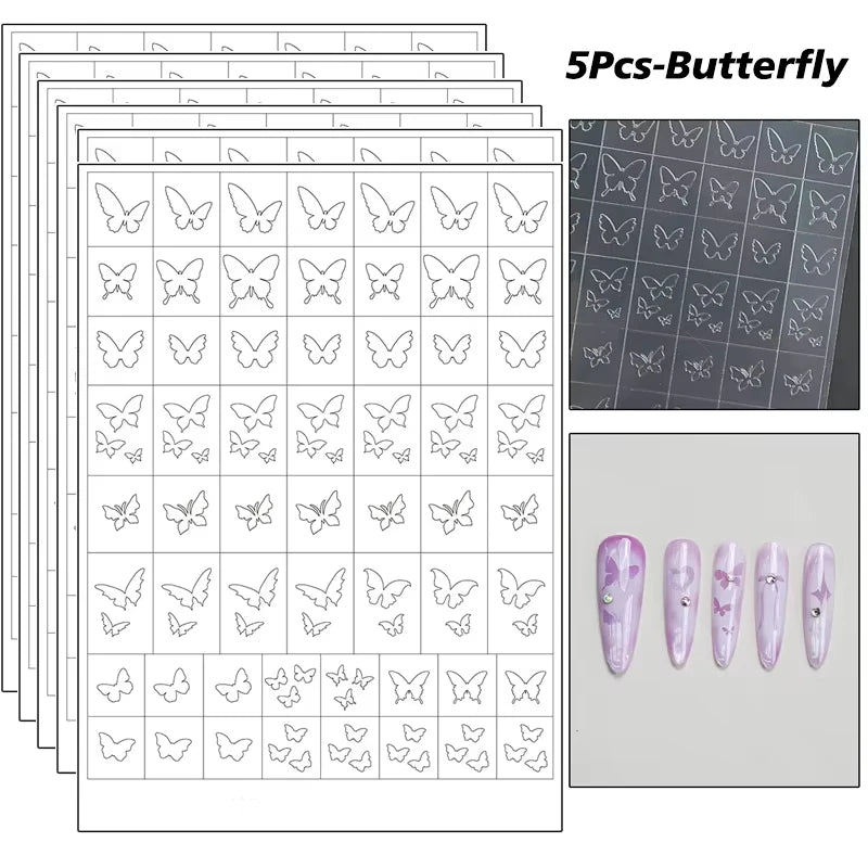 5Pcs Hollow Out Butterfly Nail Art Stencils Stickers Spray Painted Design Love Pattern Template Nail Decals Auxiliary Tools