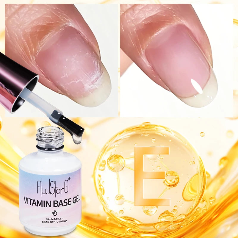 AWStorG 15ML Vitamin E Base Coat Nail Strengthener Gel Nail Polish Semi permanent UV Durable Base Varnish Protects Nails
