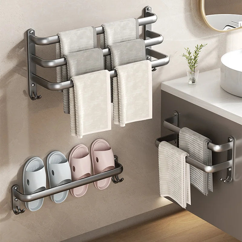 Space Aluminum Multi Rod Towel Bar Bathroom Accessories Wall Hanging Towel Holder Hanger Bath Room Shelf with Hooks Towel Rail