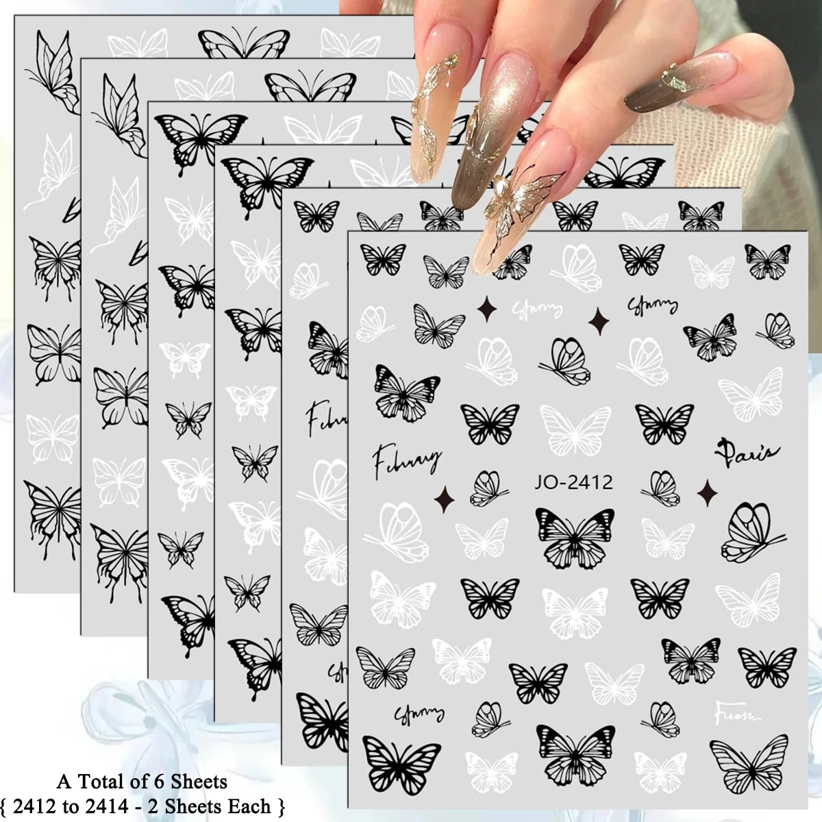 3/6/12 Sheets 3D Black White Butterfly Nail Stickers Self Adhesive Gothic French DIY Manicure Nail Decals