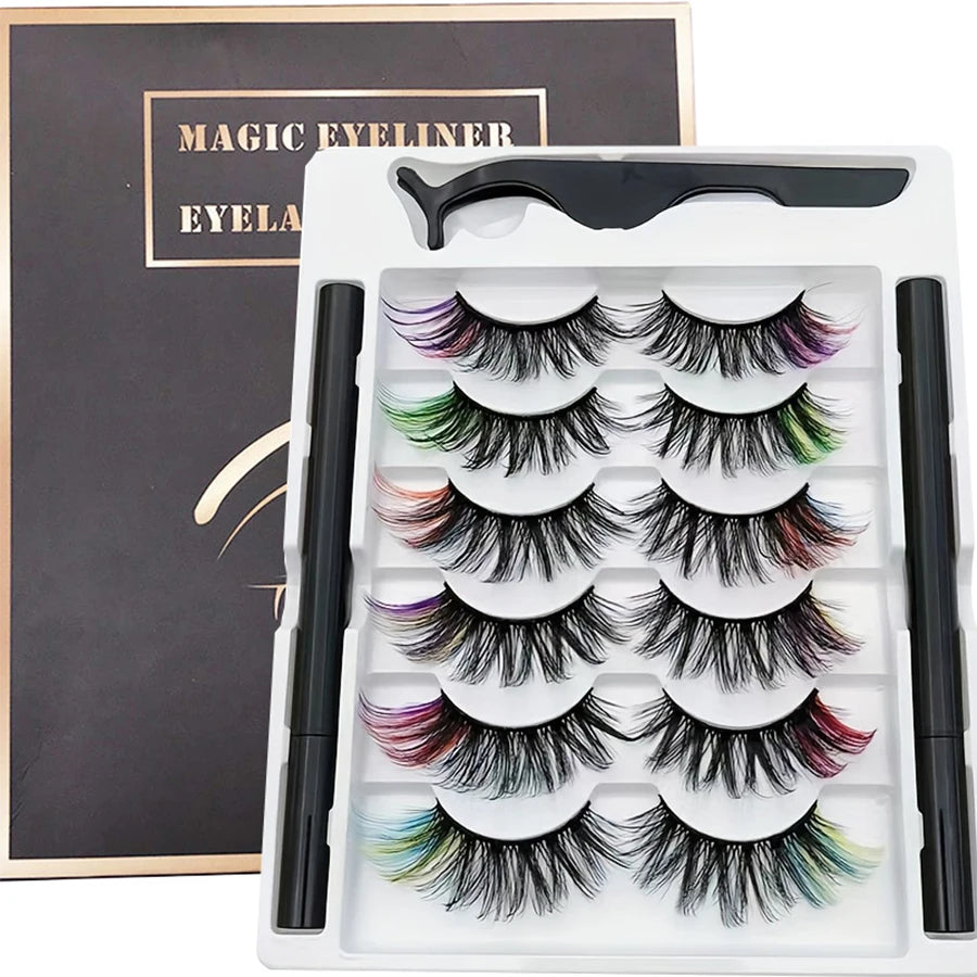6 Pairs of Color 8D Fluffy Curly False Eyelashes, Magnetic Eyeliner Pen Is Not Easy to Smudge and Do Not Leak Eyelashes Set