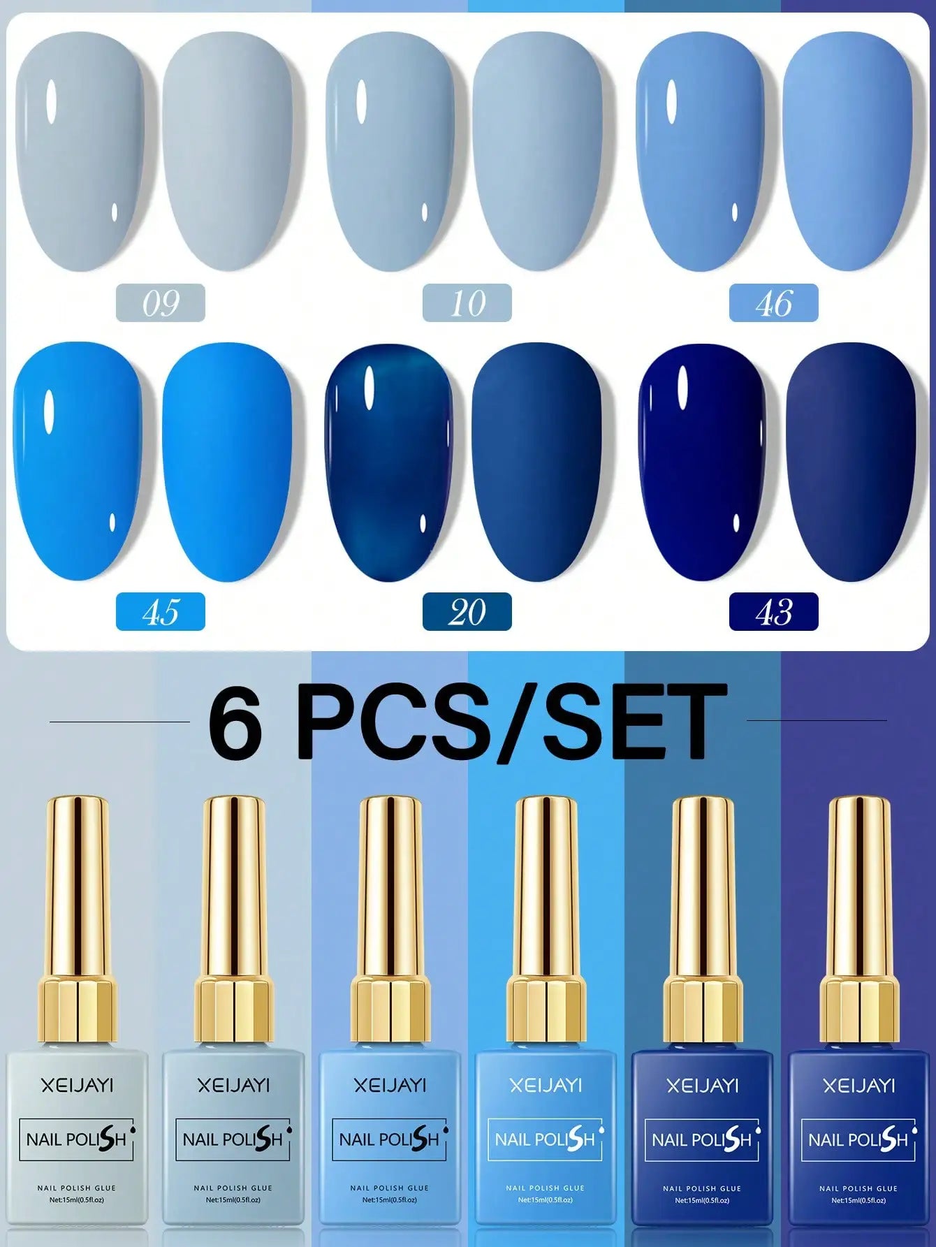 6Colors 15ml Blue Gel Nail Polish Series Starter Pure Soak Off No Wipe Nail Gel Polish Suitable For All Seasons