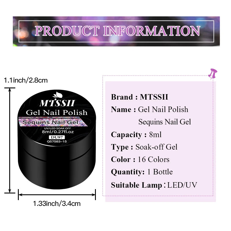 8ML Glitter Gel Nail Polish Shining Mineral Sequins Soak Off UV LED Nail Gel Semi Permanent Nail Art Supplies for Manicure