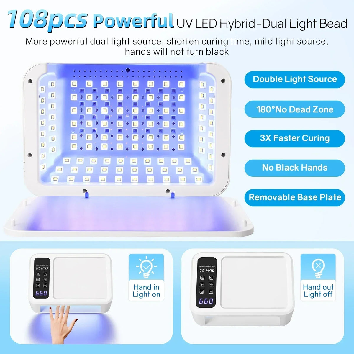 480W UV LED Lamp for Nails 108 LEDs Nail Dryer with Red Light Whitening Mode Large Space Manicure Lamp 4 Timer Settings
