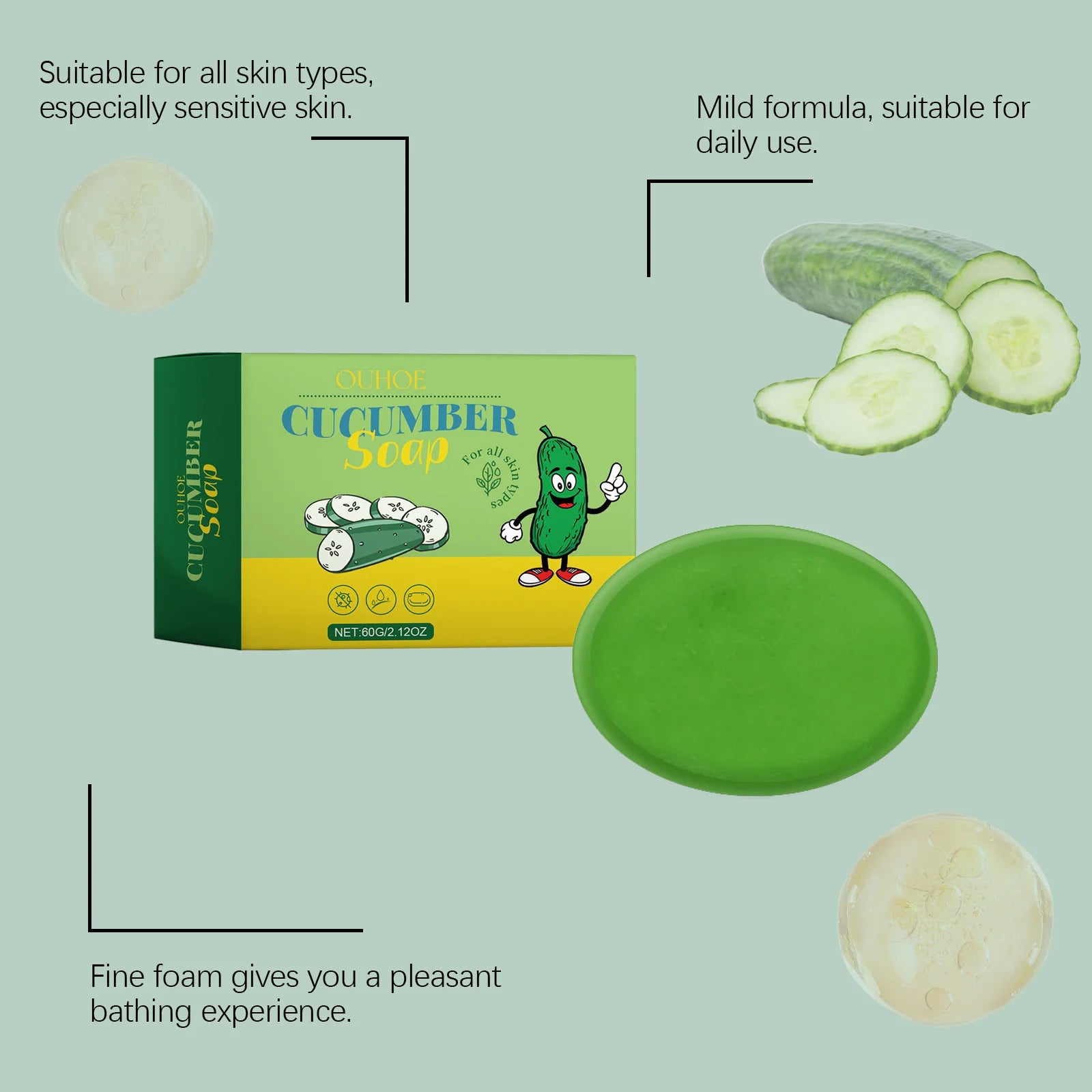 Cucumber Soap Handmade Oil Control Removing Acne Dirt Improving Skin Luster Refreshing Nourishing Bath Wash Face Body Cleansing