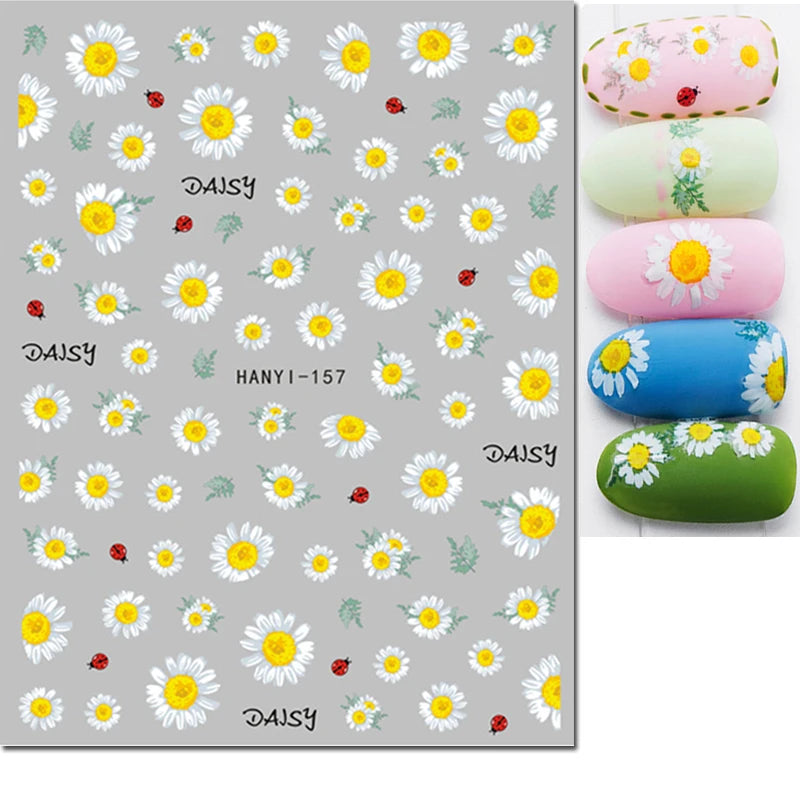 3d Nail Art Decals Geometric Lines Daisy Sunflowers Letters Adhesive Sliders Nail Stickers Decoration For Manicure