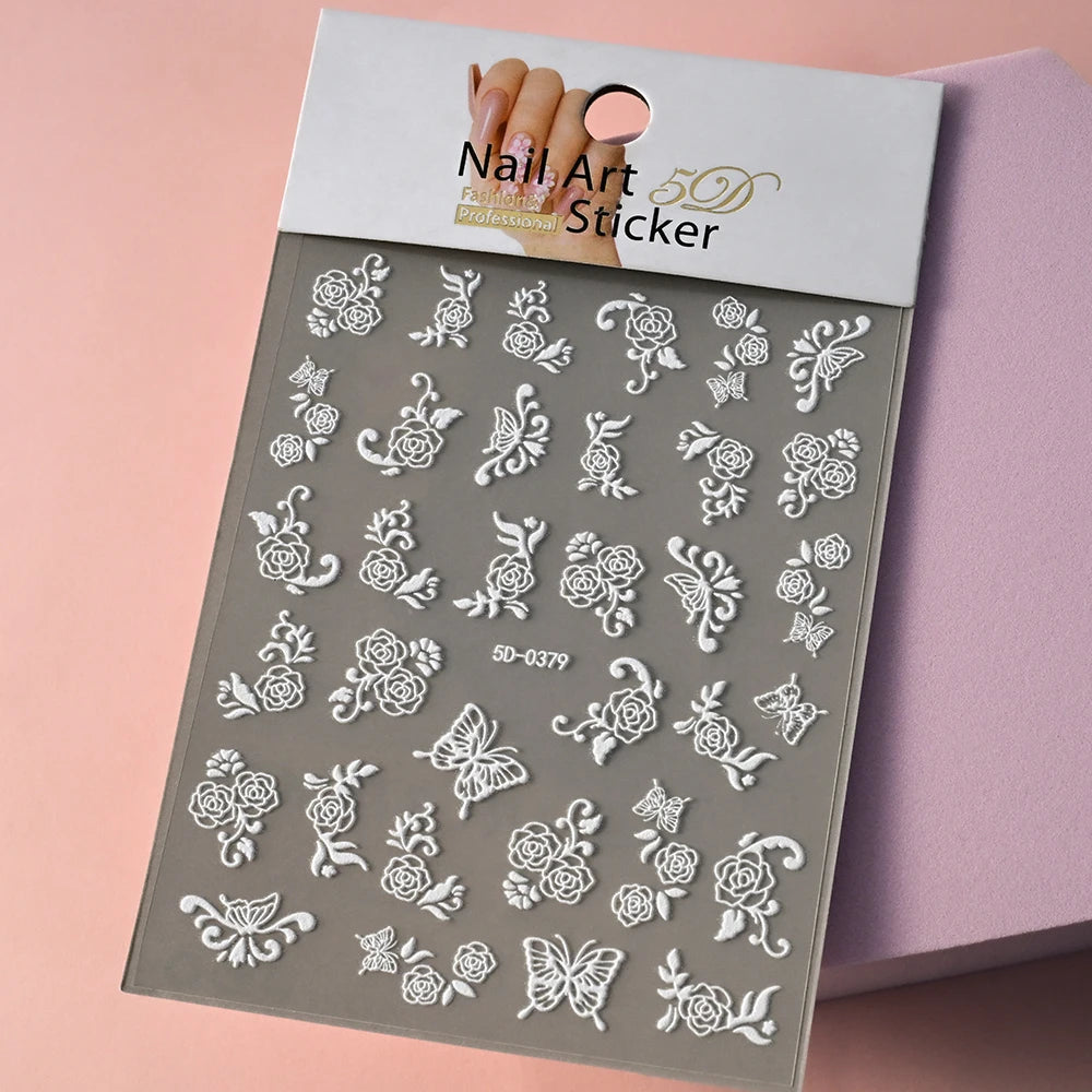 5D White Face Flowers Nail Art Stickers 8x10cm Elegant Wedding Bride White Floret Nail Decal Self-Adhesive Flowers Nail Slider