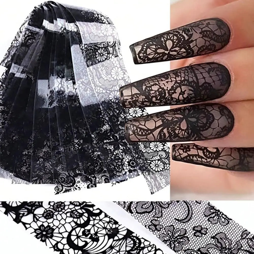 10 Rolls Black/White Lace Foil Transfer Nail Stickers Starry Sky Lace Flowers Nail Foils Stickers Lace  Nails Decoration 4*50CM