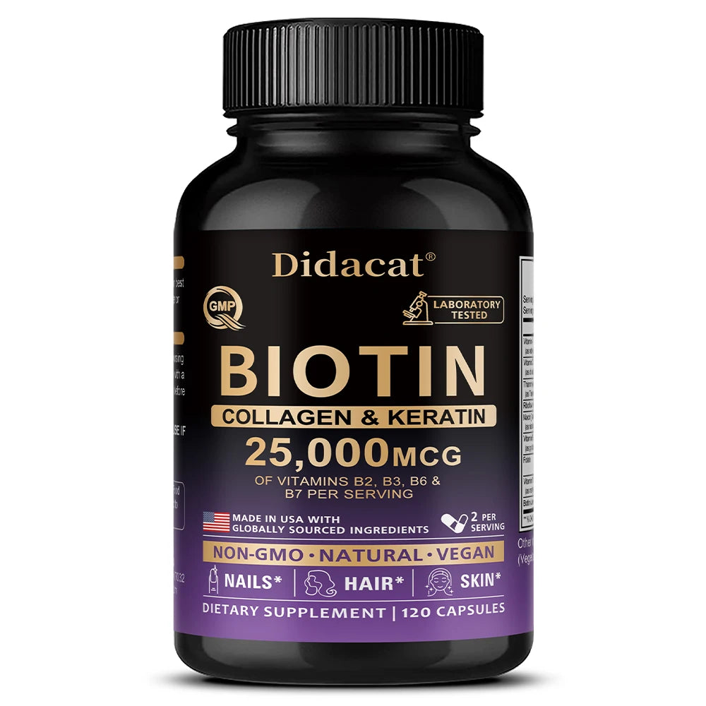 Biotin Vitamins with Collagen & Keratin - 25000 mcg Capsules,B1,B2,B3,B6,B7 Complex,Healthy Nails & Skin,Hair Growth