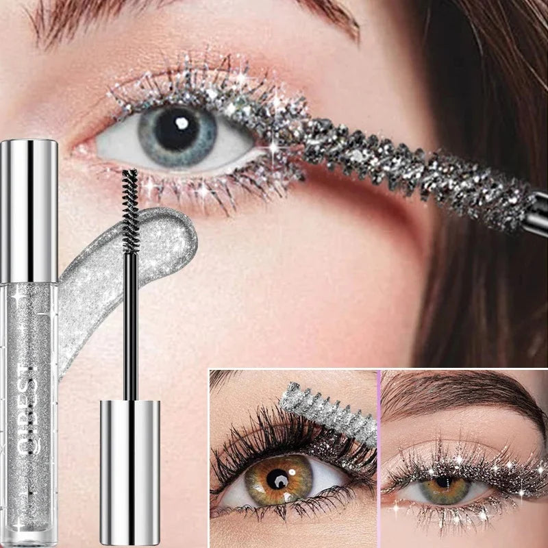 QIBEST Silver Diamond Glitter Mascara Lasting Makeup 3D Volume Eyelashes Shimmer Curling Gold Purple Mascara Eyelash Cosmetics