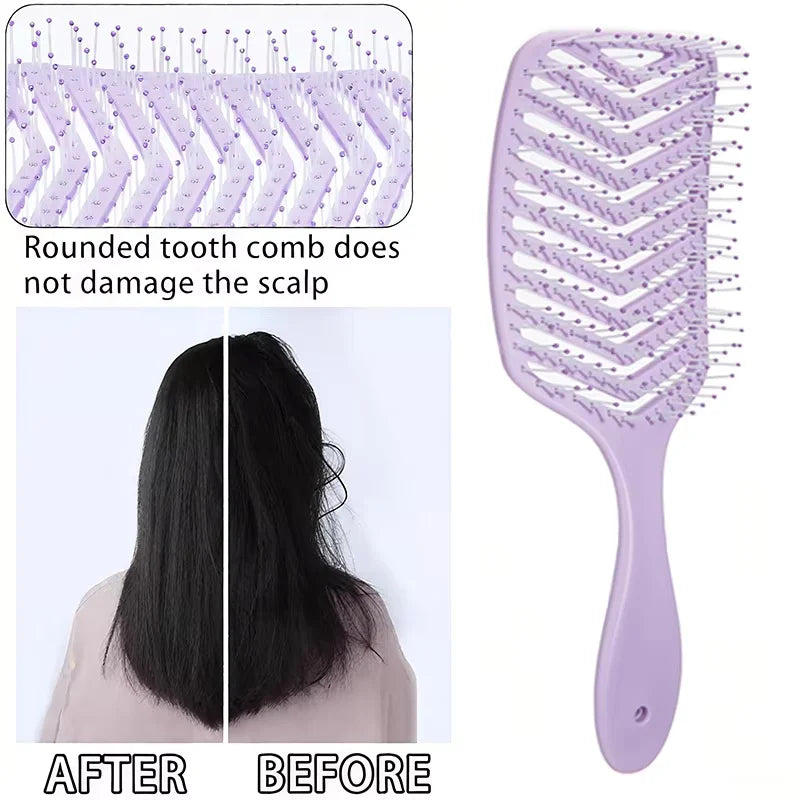 1PCS V-Shape Detangling Hair Brush with Hollow Nylon Bristles Wide Teeth Portable Soft Anti-Static Styling Tool for Curly Hair