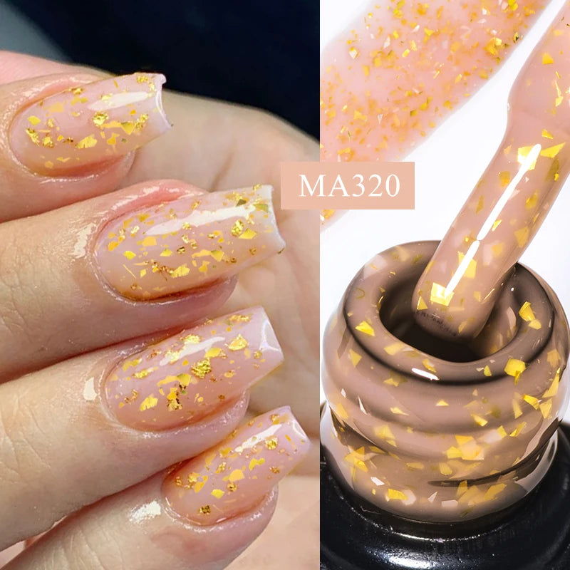 MEET ACROSS 7ml Pink Glitter Rubber Base Nail Gel Polish Sparkling Gold Foil DIY Nail Art Painting Gel Long Lasting Varnish