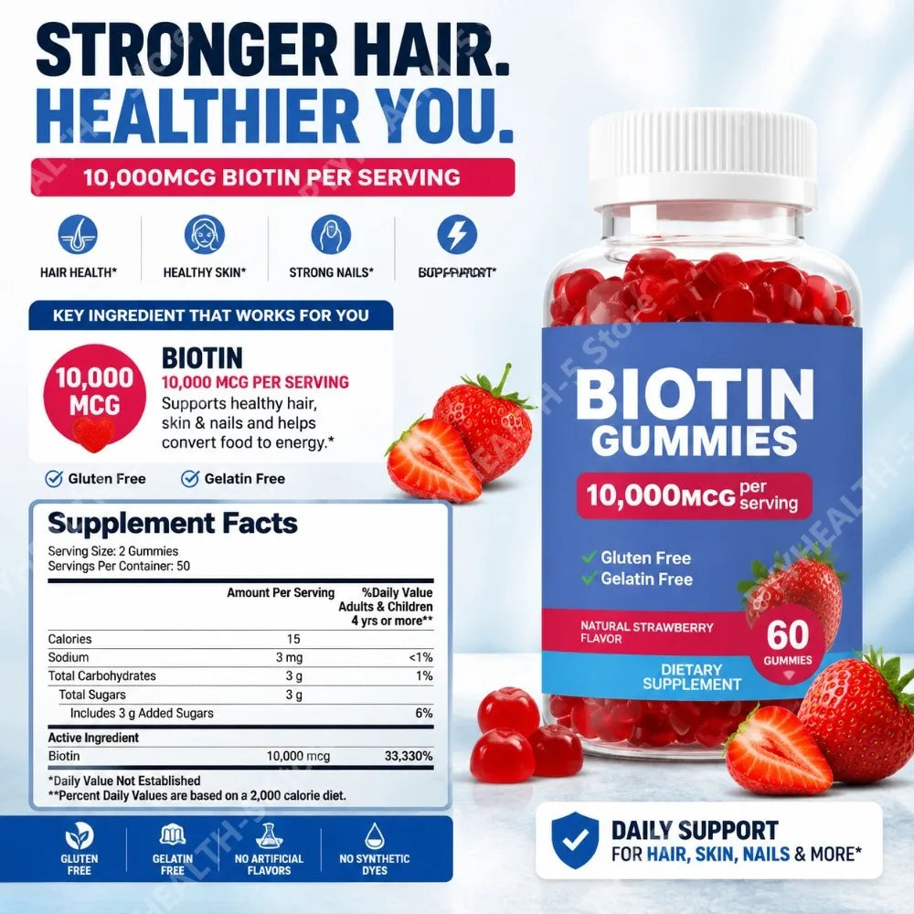 Biotin Gummies for Hair Growth, Skin & Nails Biotin Vitamins for Women Men Great Tasting Strawberry Flavor Gummies