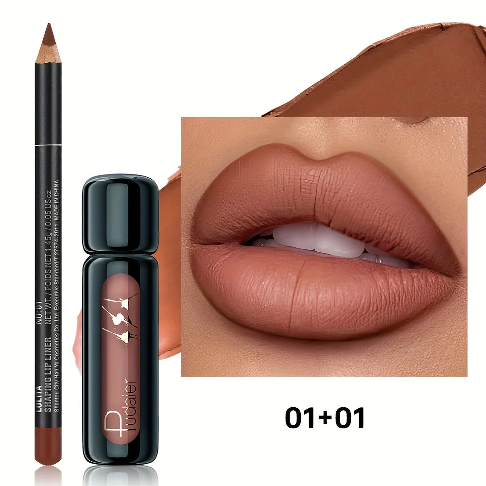 Lip Liner and Lip Mud Combo, Matte Waterproof Long Lasting Velvet Lip Makeup Set, Perfect Gift for Daily & Holiday Look