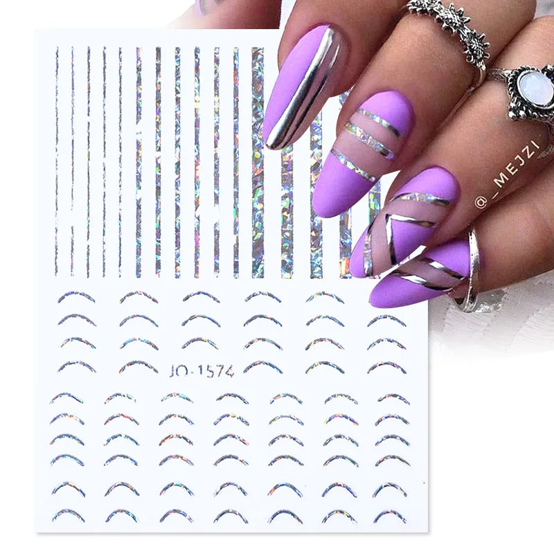 3D Nail Stickers Bronzing Gold Silver Lines Stripe Geometric Design Flowers Gradient Adhesive Slider Papers Nail Art Accessories