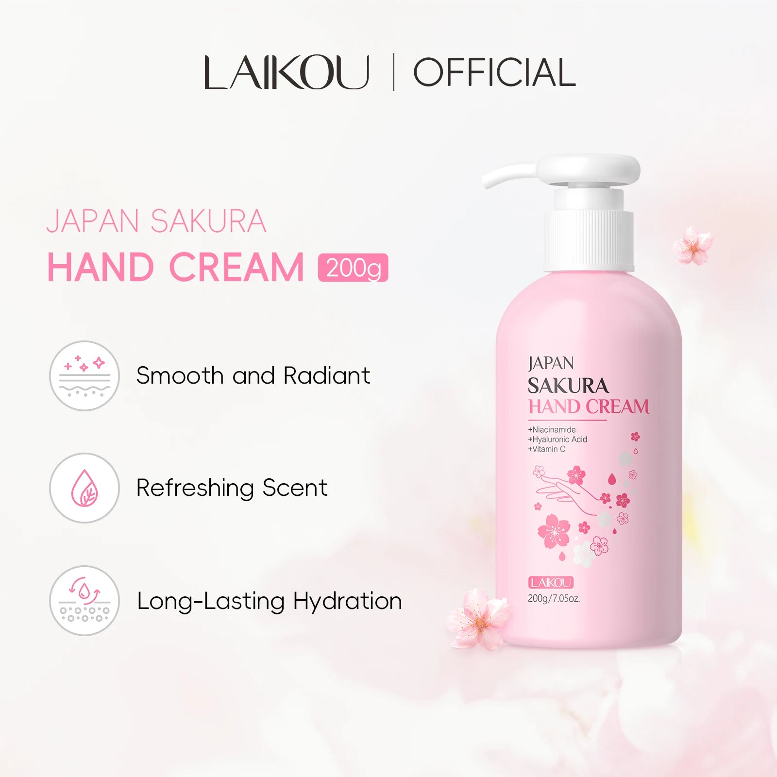 LAIKOU Japan Sakura Hand Cream Hydrating Hand Moisturizer Smoothing Radiant Treatment Refreshing Scent Hand Balm