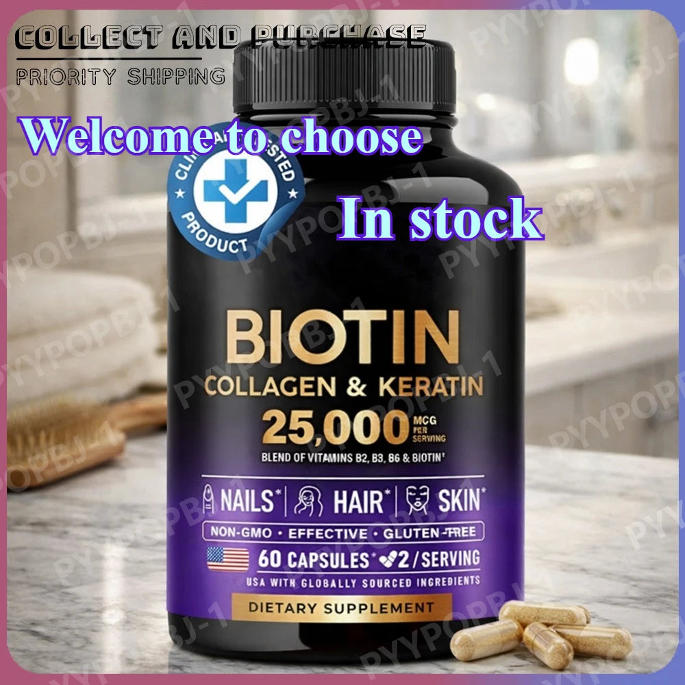Biotin Capsules Contain Collagen and Vitamin B2, B3, B6 & B7 for Women Men Hair Care Supplements Skin & Nails Support 60 Pieces