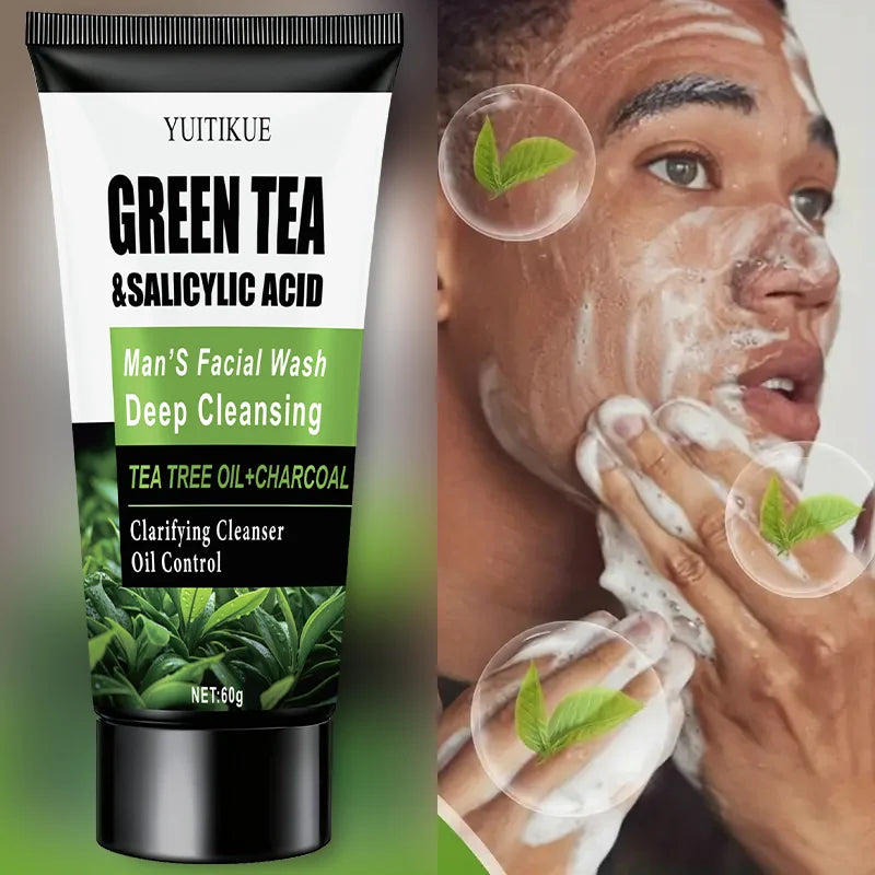 WaterIceLevin Green Tea Salicylic Acid Mens Facial Wash Deep Cleansing Oil Control Tea Tree Charcoal Refreshing Gentle Cleanser