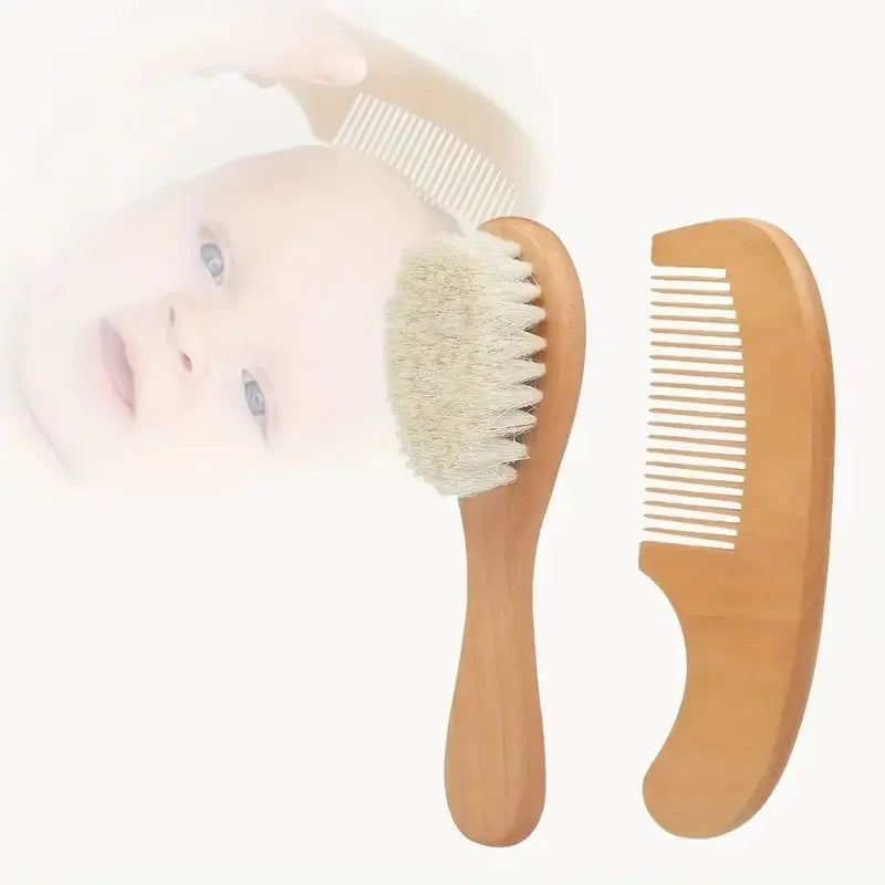 Wooden Hair Brush & Comb Set Natural Goat Bristle Baby Hair Brush Infant Body Massage Brush Soothing Brush Travel Brush