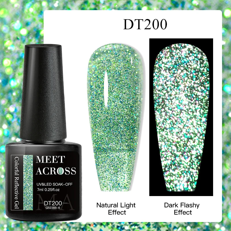 MEET ACROSS 7ml Reflective Glitter Gel Nail Polish Pink Green Purple Sparkling Soak Off UV Gel Polish for Manicure DIY Nail Art