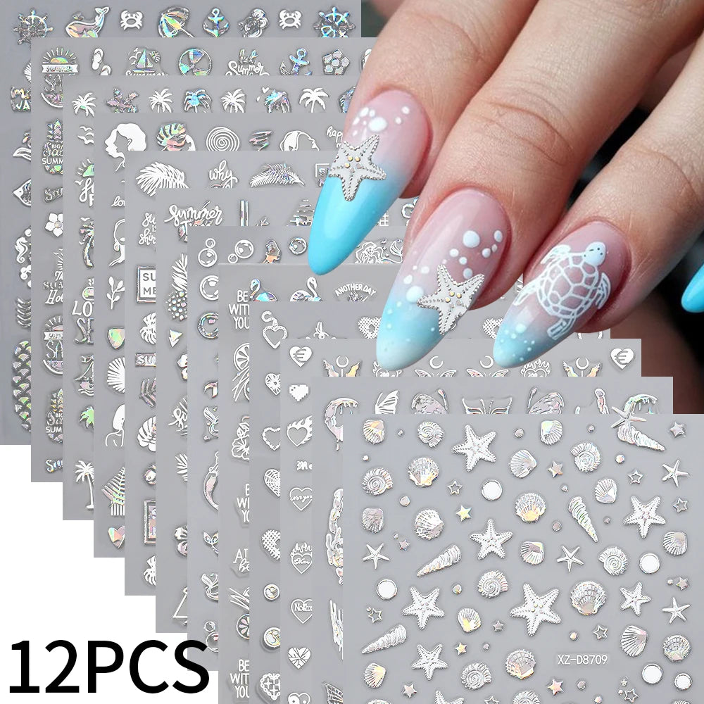 12Pcs 3D Laser Gold Silver Sun Star Moon Nail Stickers Y2K Snake/Starlight/Heart Adhesive Decals DIY Bronzing Nail Sliders