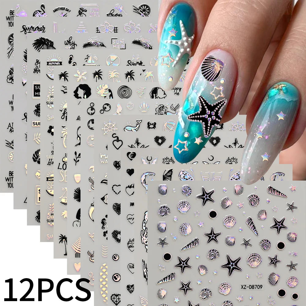 12Pcs 3D Laser Gold Silver Sun Star Moon Nail Stickers Y2K Snake/Starlight/Heart Adhesive Decals DIY Bronzing Nail Sliders