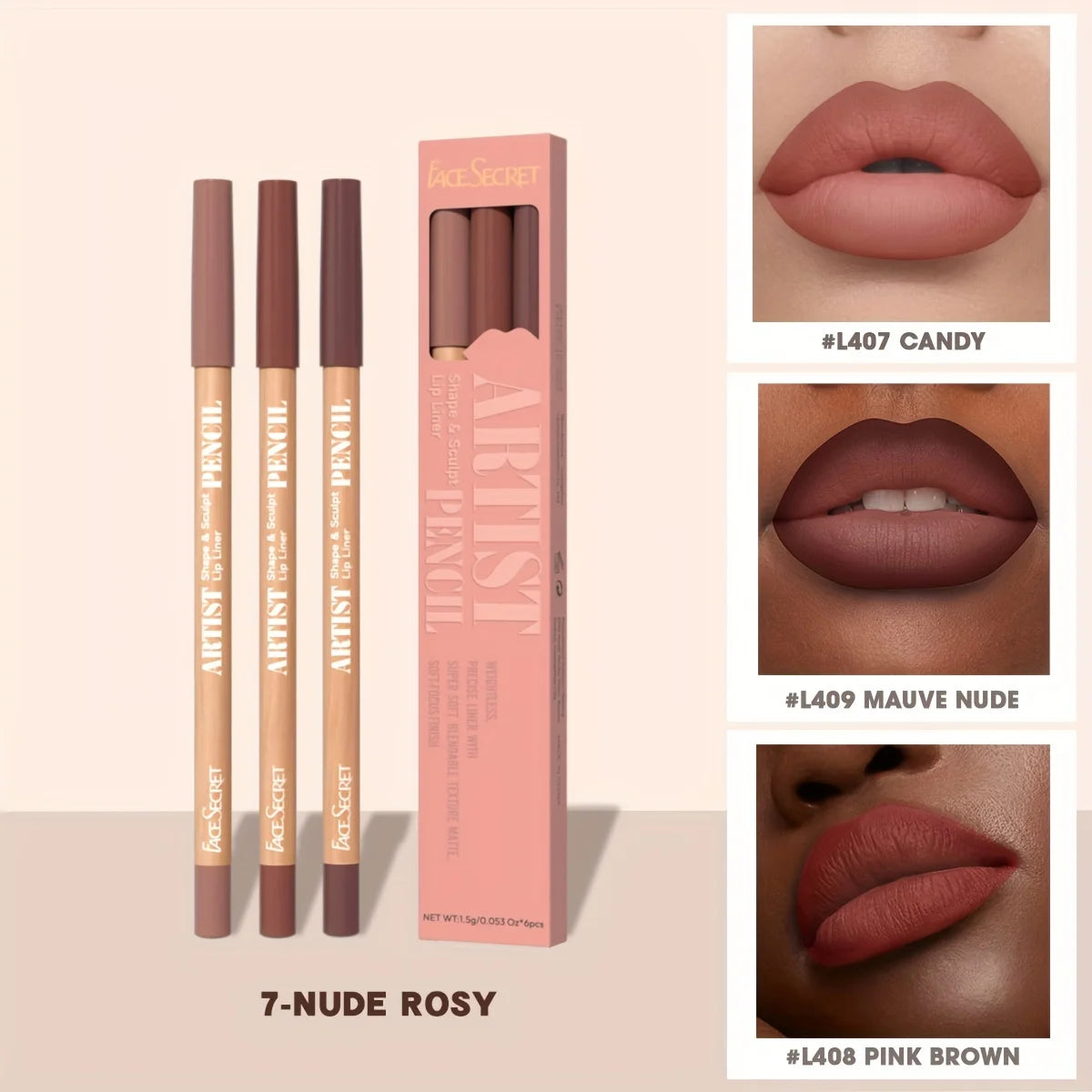 Face Secret 3pcs Set Nude Lip Liner, Natural Matte,Long-Lasting Waterproof,High Pigmented Hook Line Lip Pencil Makeup