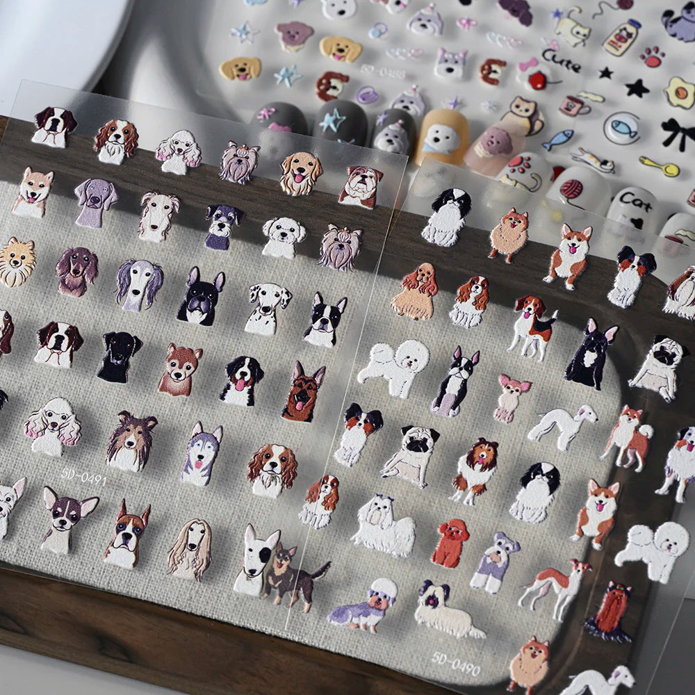 2pcs/Set Happy Dog Nail Decorative Stickers 5D Embossed Cute Cartoon Corgi Pomeranian Puppy Nail Decals DIY Animal Manicure Deco
