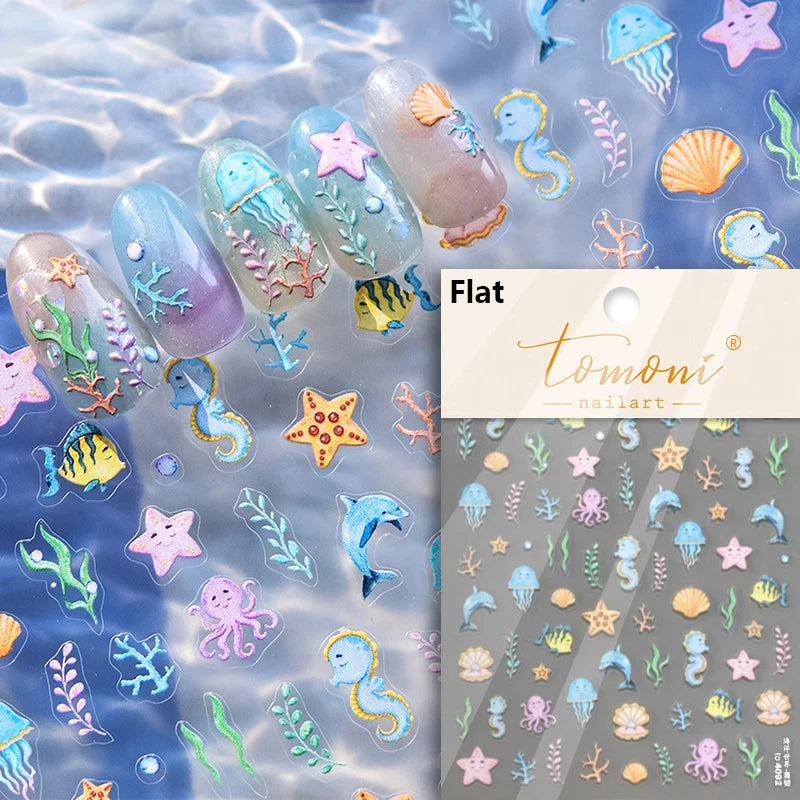 1 piece of 5D marine life nail stickers coral dolphin jellyfish shell conch starfish sea soft relief decorative nail art sticker