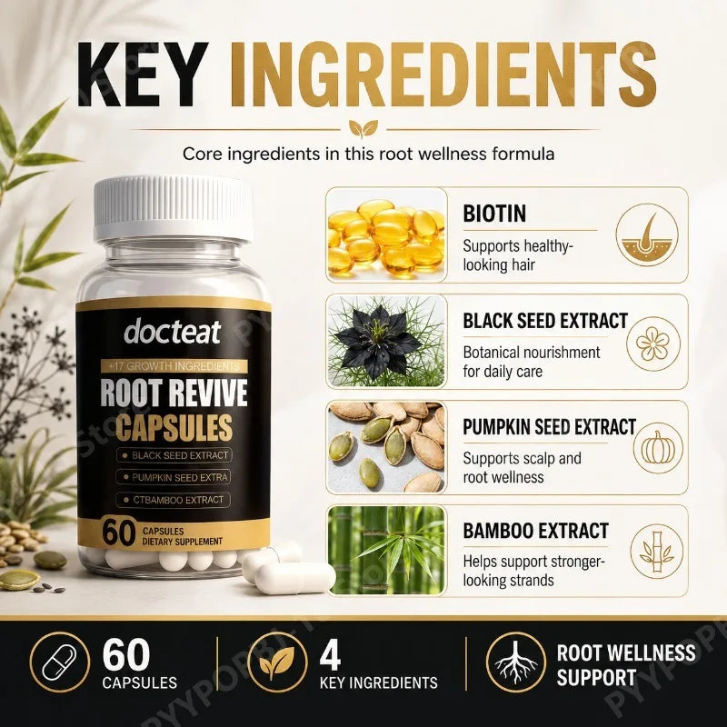 Root Revive Hair Wellness Capsules with Biotin Black Seed Pumpkin Seed Bamboo Supports Healthy Looking Hair Scalp 60 Capsules
