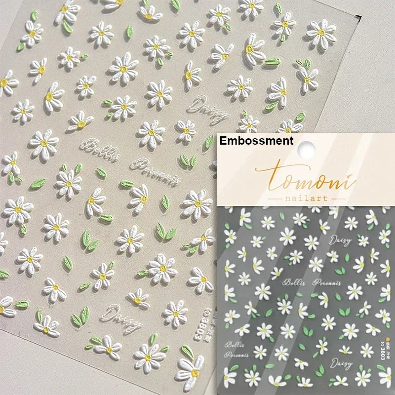 1 pc 5D sunflower nail stickers rose daisy cherry blossom self-adhesive nail art stickers oil painting style decorative sticker