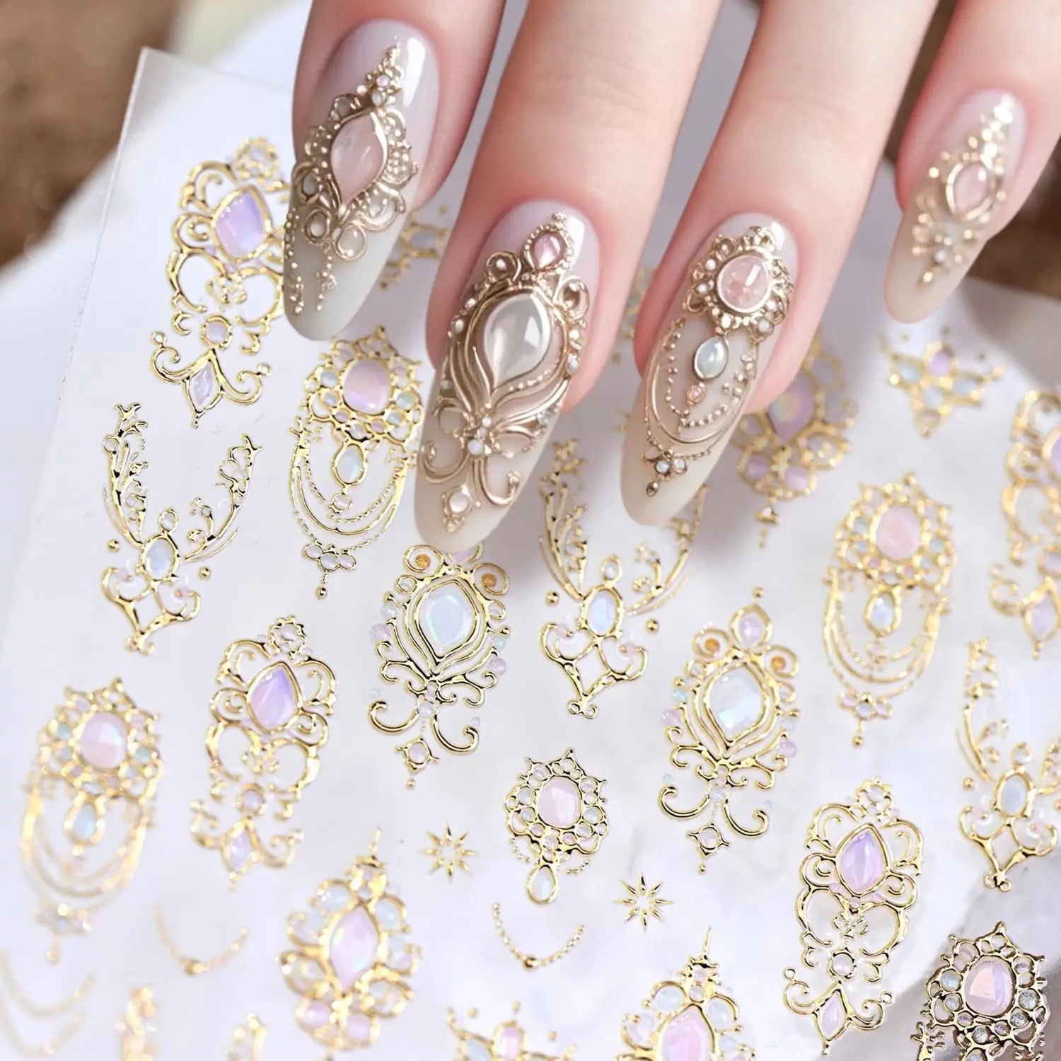 5D Luxury Gold Scepter Nail Art Stickers Gorgeous Gemstone Elegant Courtly Pattern Deca Necklace Frame Self Adhesive Nail Sticke