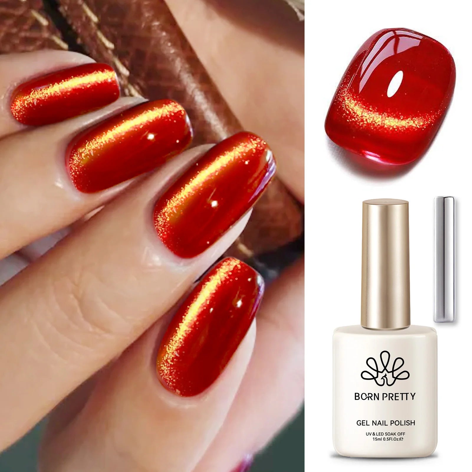 BORN PRETTY 15ml Red Cat Magnetic Gel Nail Polish Gold Glitter Shine Soak Off UV Gel Nail Art Varnish NailSupplies