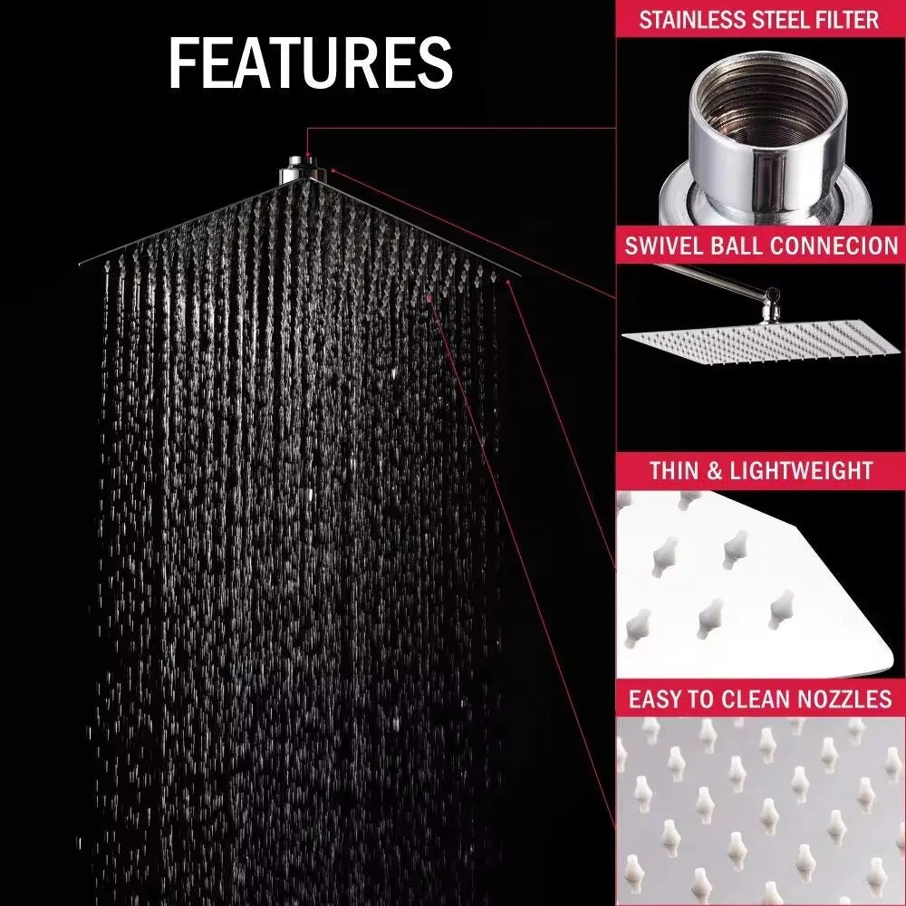 8" 10" 12" Black Silver Golden Stainless Steel High Pressure Waterfall Shower Head Large Flow Pressure Boosting Bathroom Shower