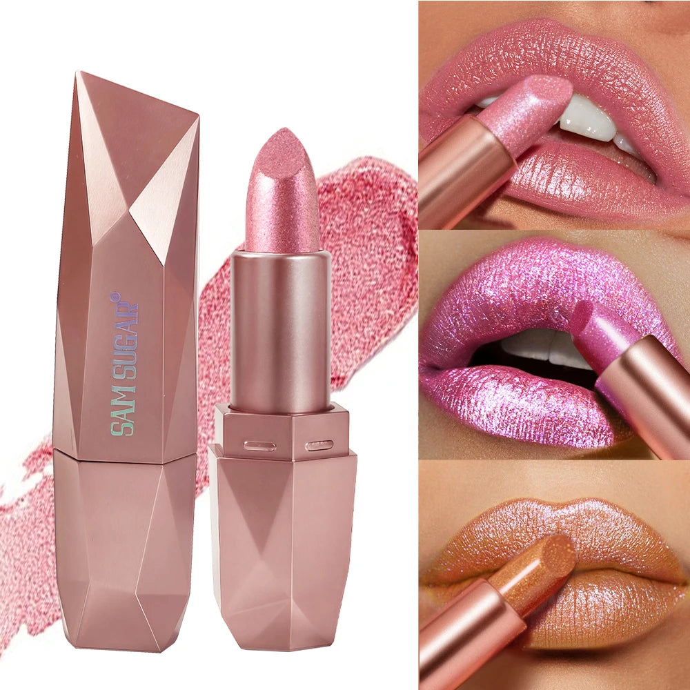 6 Colors Glitter Coral Gold Lipstick Diamond Pink Peach Sparkling Lip Color Highly Pigmented Lip Tint Balm Metallic Lip Makeup