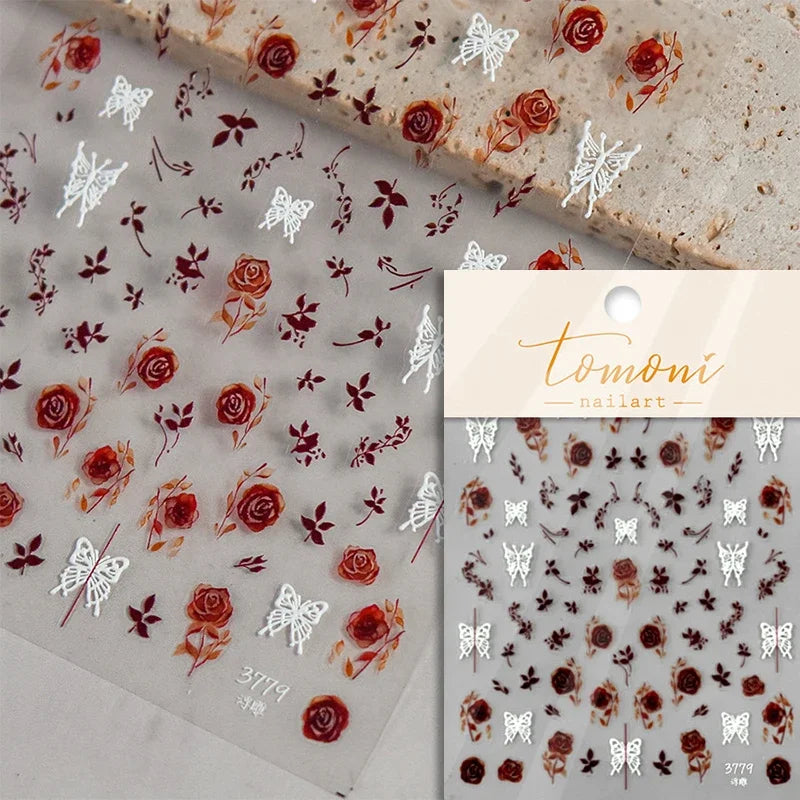 1 pc 5D sunflower nail stickers rose daisy cherry blossom self-adhesive nail art stickers oil painting style decorative sticker