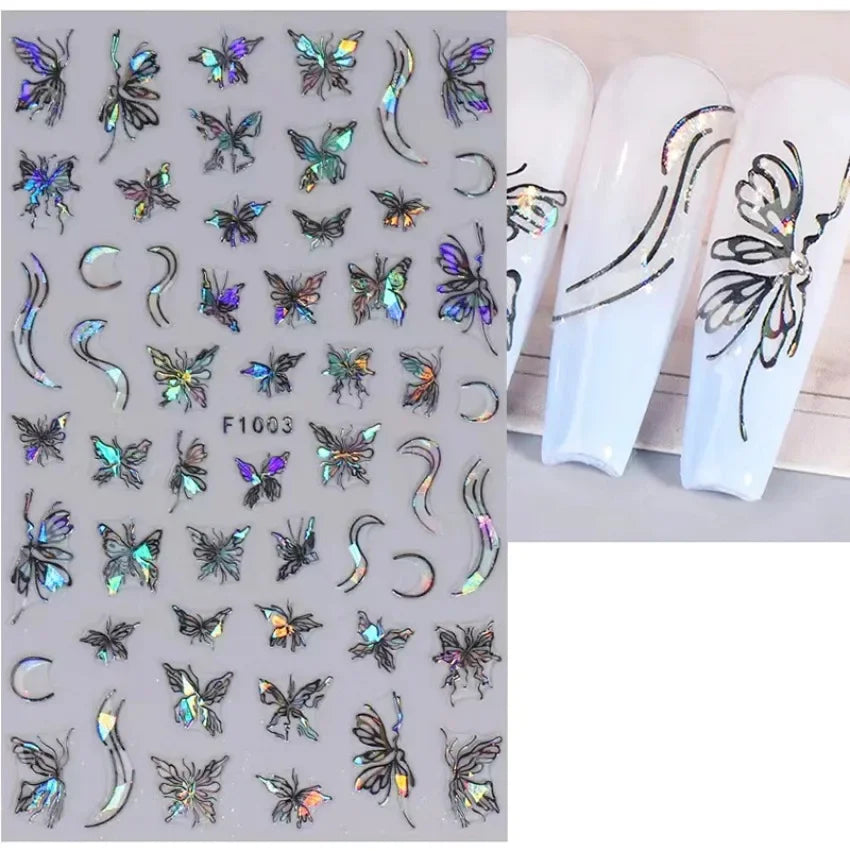 1PCS Black White Butterfly Laser Nail Stickers Y2K Nail Art Decoration Abstract Lines Bronzing Flowers Stickers For Nails