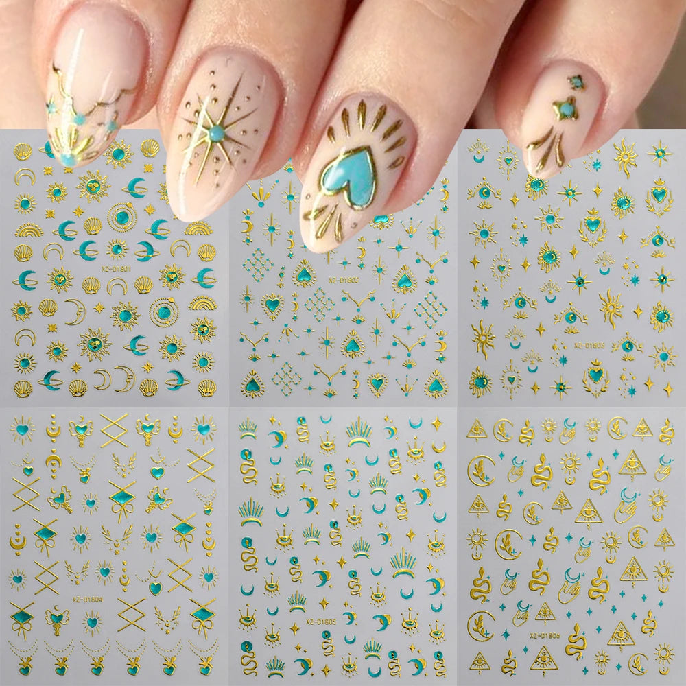 5D Gold Snake Star Moon Nail Art Stickers Lake Blue Gem Love Heart Nail Decal Y2 Holographic Metal Evil Eye Bohemian Nail Slider