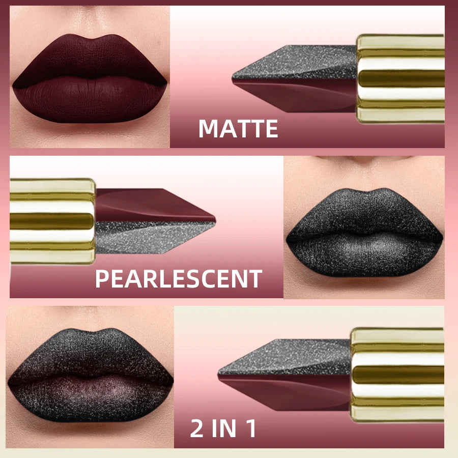 Brown Black Two-tone Lipstick Waterproof Matte Non-stick Cup Pearlescent Diamond Lip Tint Red Sexy Lips Makeup Gifts Cosmetics