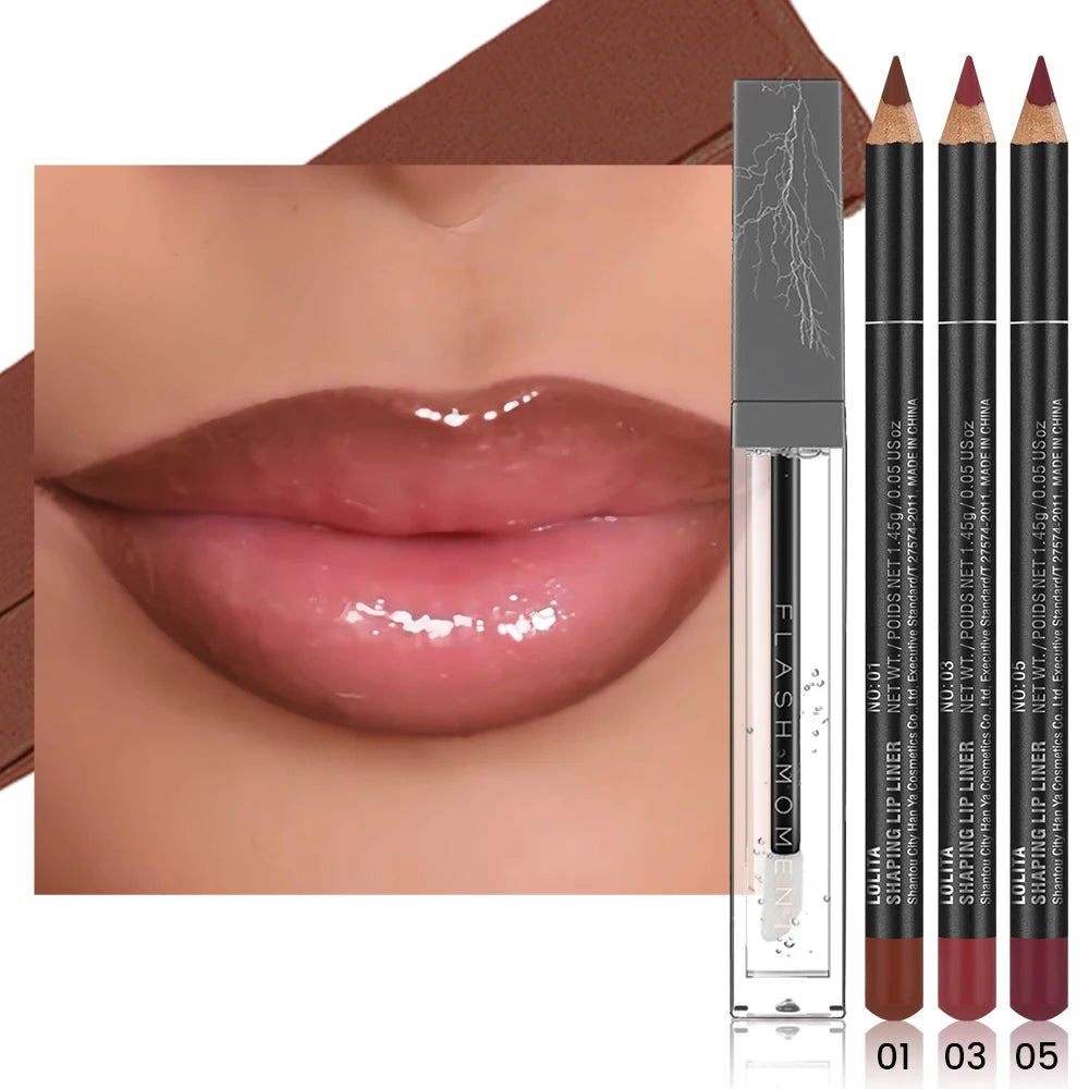 4-Pack Lip Liner and Lip Oil Set - Smooth Lip Liners for Defined Contours & Moisturizing Lip Oils for Luxurious Shine - Perfect