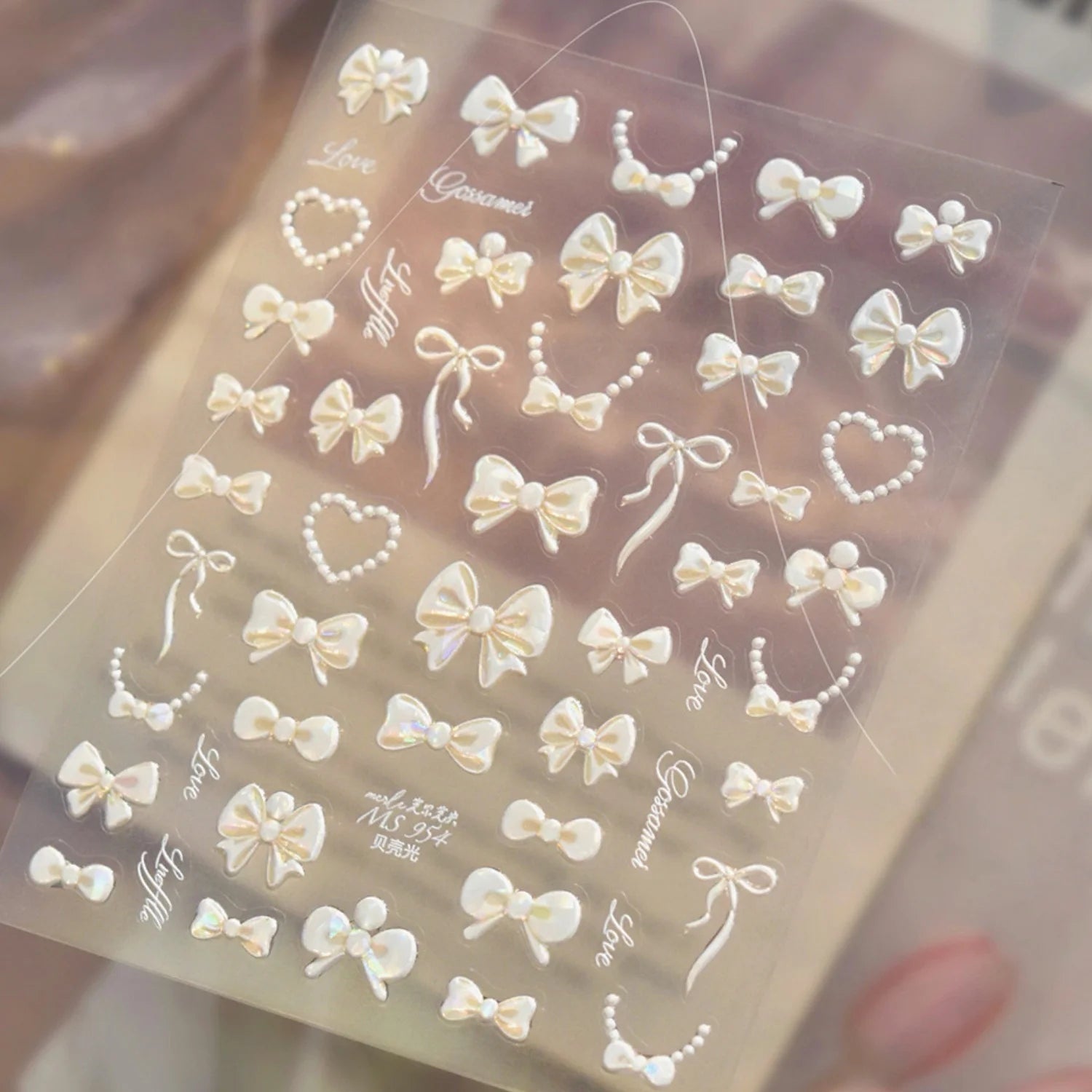 White Pearl Bow French Polka Dot Bow Pearl Heart Pearl Chain 5D Nail Stickers Self-Adhesive Nail Decal Manicure Decor for Women
