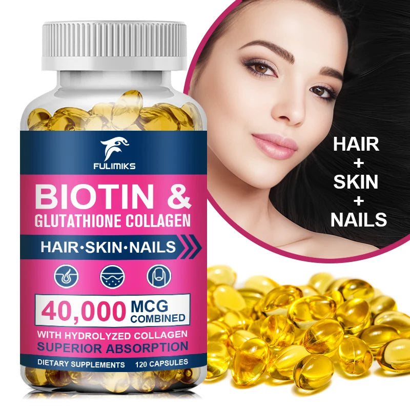 Biotin 40000mcg Combined Capsules, with Collagen & Glutathione, Promotes Hair, Skin, Nail Health & Natural Beauty Vitality