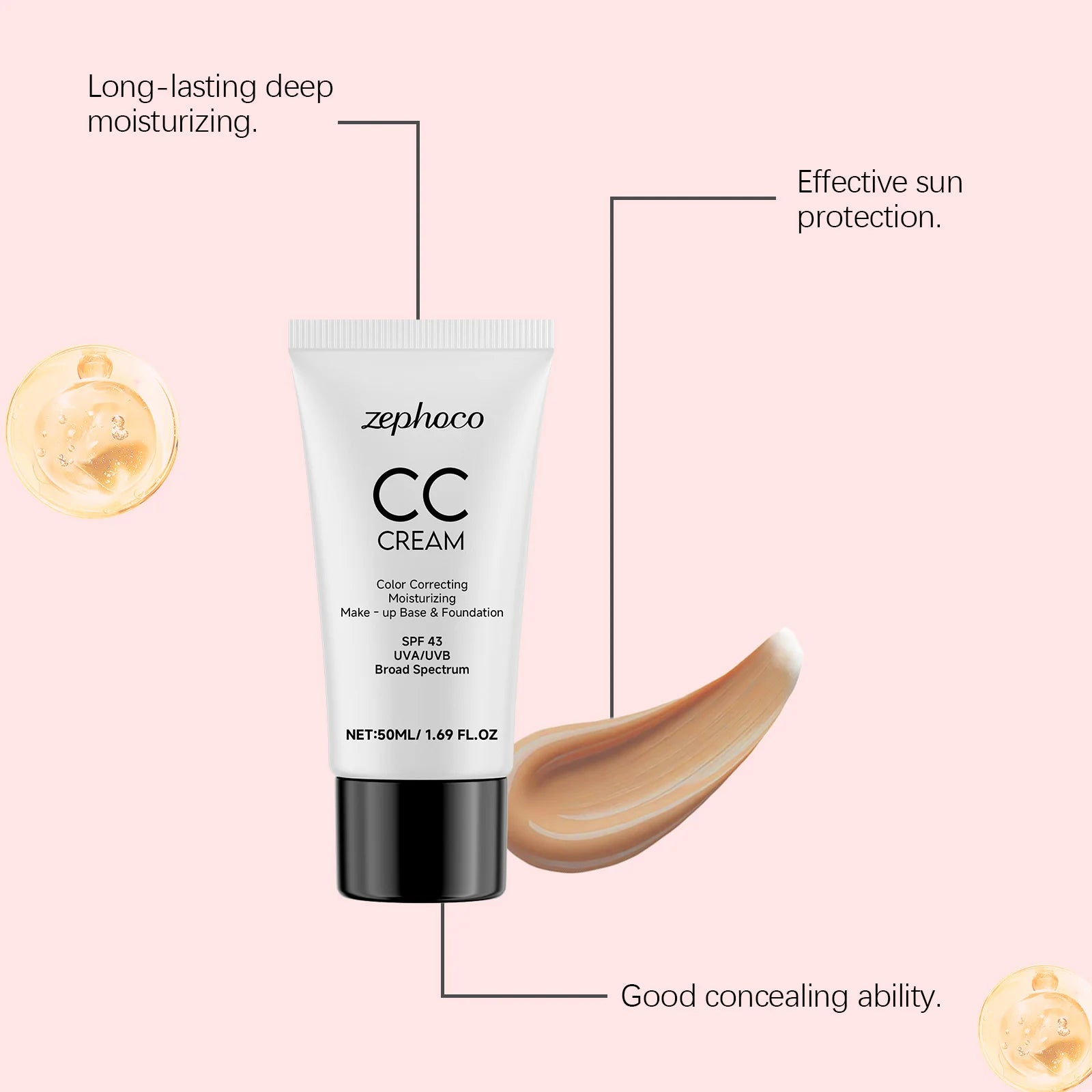 CC Cream Spf 43+ Anti UV Even Skin Tone Oil-Control Full Coverage Cover Blemishe Concealer Waterproof Liquid Foundation Cosmetic
