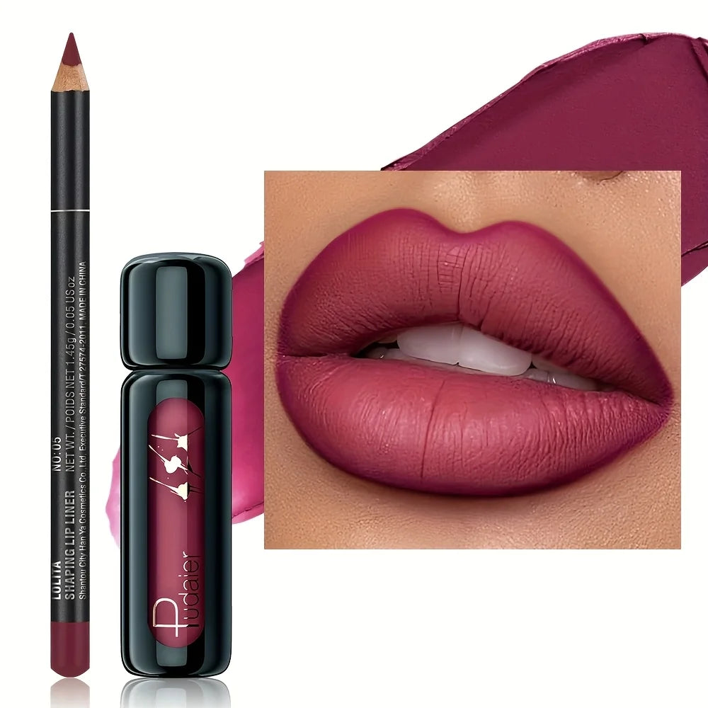 Lip Liner and Lip Mud Combo, Matte Waterproof Long Lasting Velvet Lip Makeup Set, Perfect Gift for Daily & Holiday Look