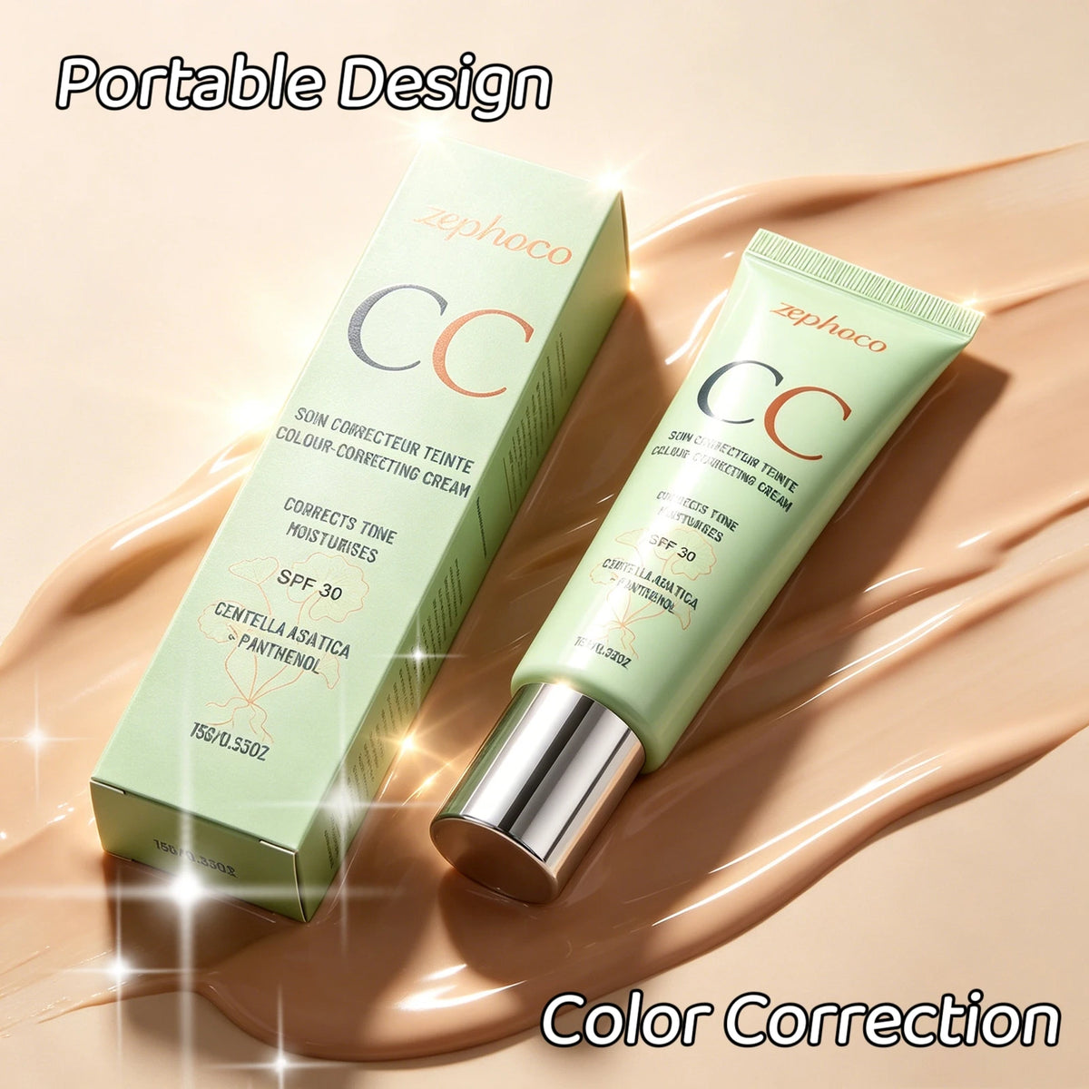 Zephoco Color Correcting Cream SPF 30 Anti UV Sun Protection Redness Blemish Cover Waterproof Centella CC Cream Foundation 15g