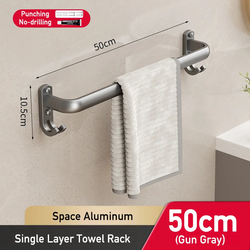 Space Aluminum Multi Rod Towel Bar Bathroom Accessories Wall Hanging Towel Holder Hanger Bath Room Shelf with Hooks Towel Rail